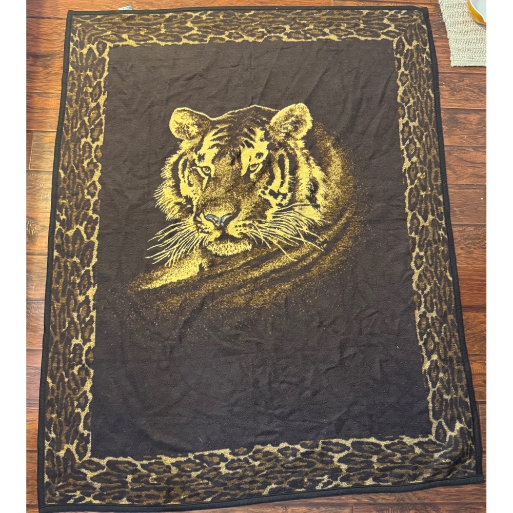 Vintage 1970s RARE Orion Tiger San Marcos Style Blanket Large Animal Print Brown